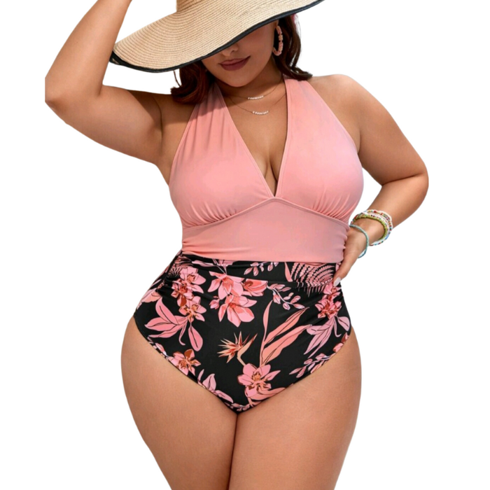 Swim Vcay Plus Floral Print Ruched Halter One Piece Swimsuit