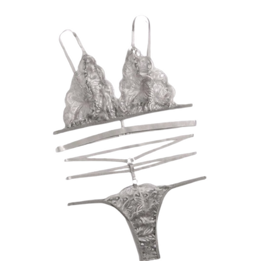 Floral Lace Lingerie Set - Grey