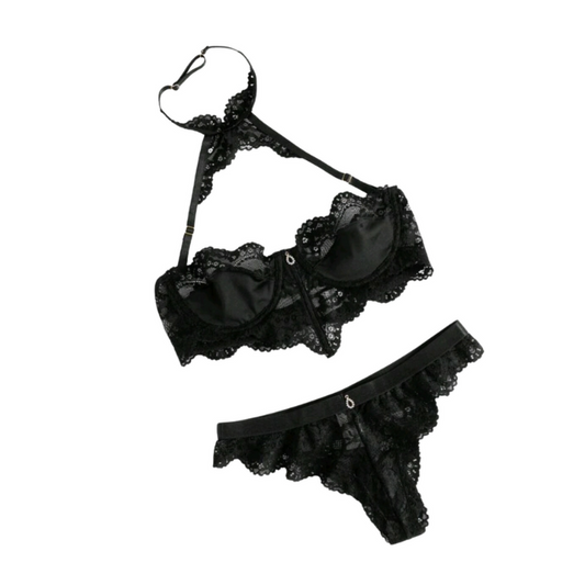 Halloween Floral Lace Scallop Trim Underwire Lingerie Set