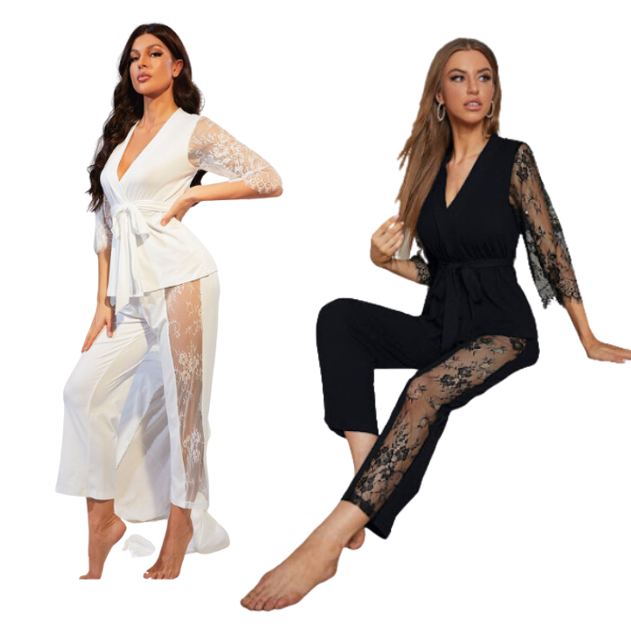 Edendiva Eyelash Lace Belted Sleepwear - Combo Black & White