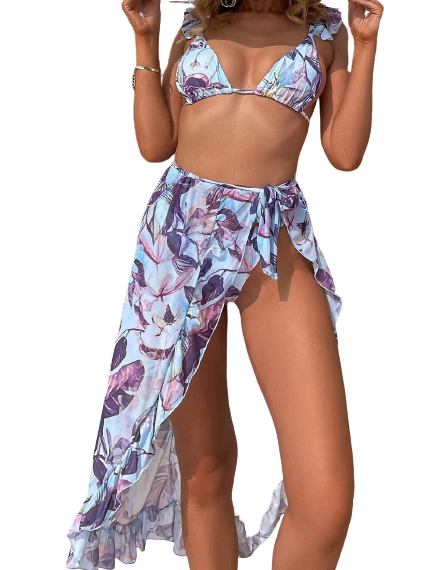 3pack Leaf Print Bikini Swimsuit & Cover Up