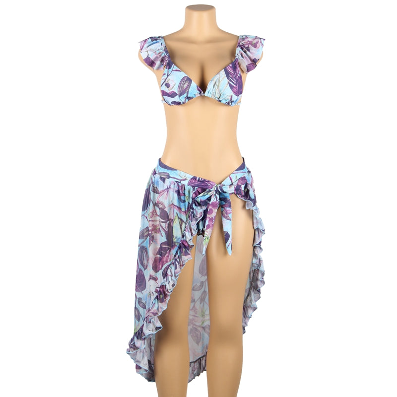 3pack Leaf Print Bikini Swimsuit & Cover Up