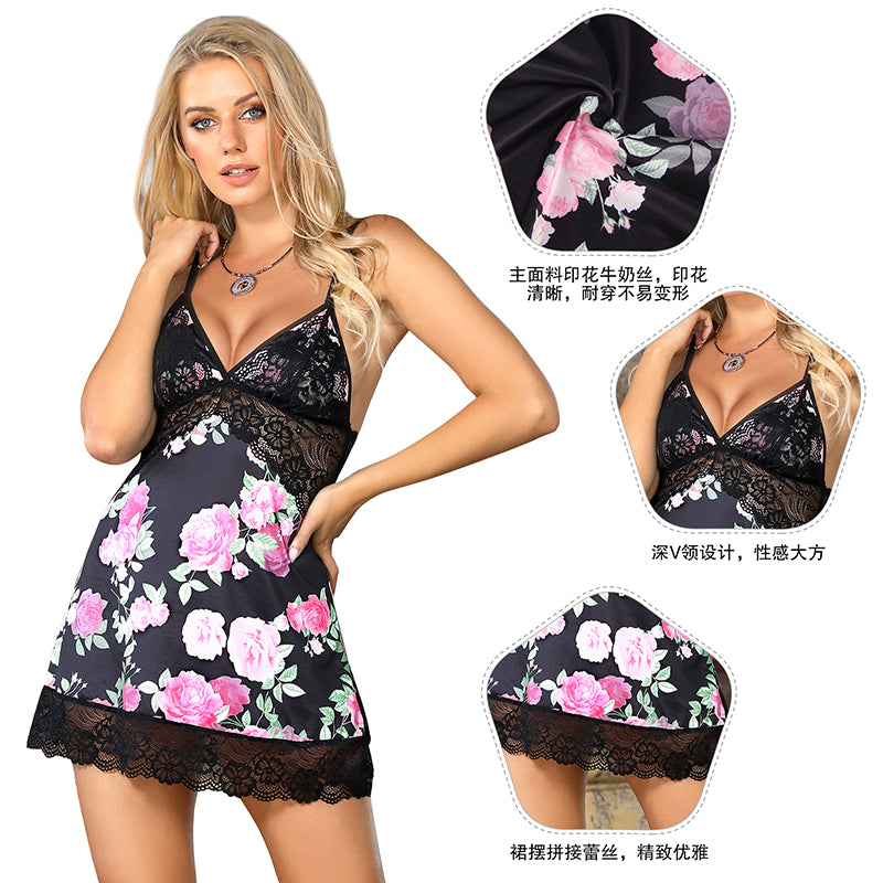 Floral Print Lace-up Babydoll Without Underwire