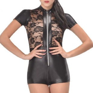 Short Sleeve Wet Look And Lace Bodysuit