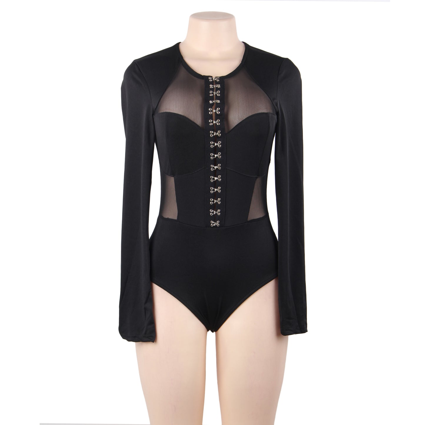 Black Lace Wind Button Mature Transparent Sexy Bodysuit