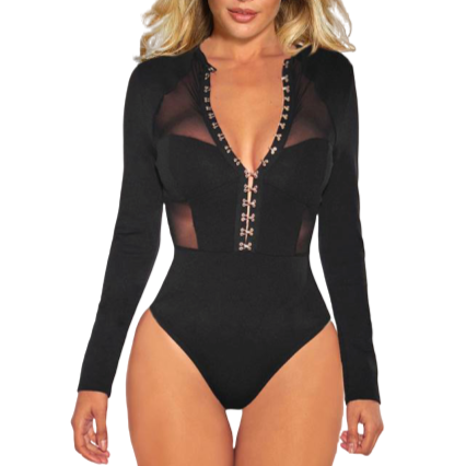 Black Lace Wind Button Mature Transparent Sexy Bodysuit