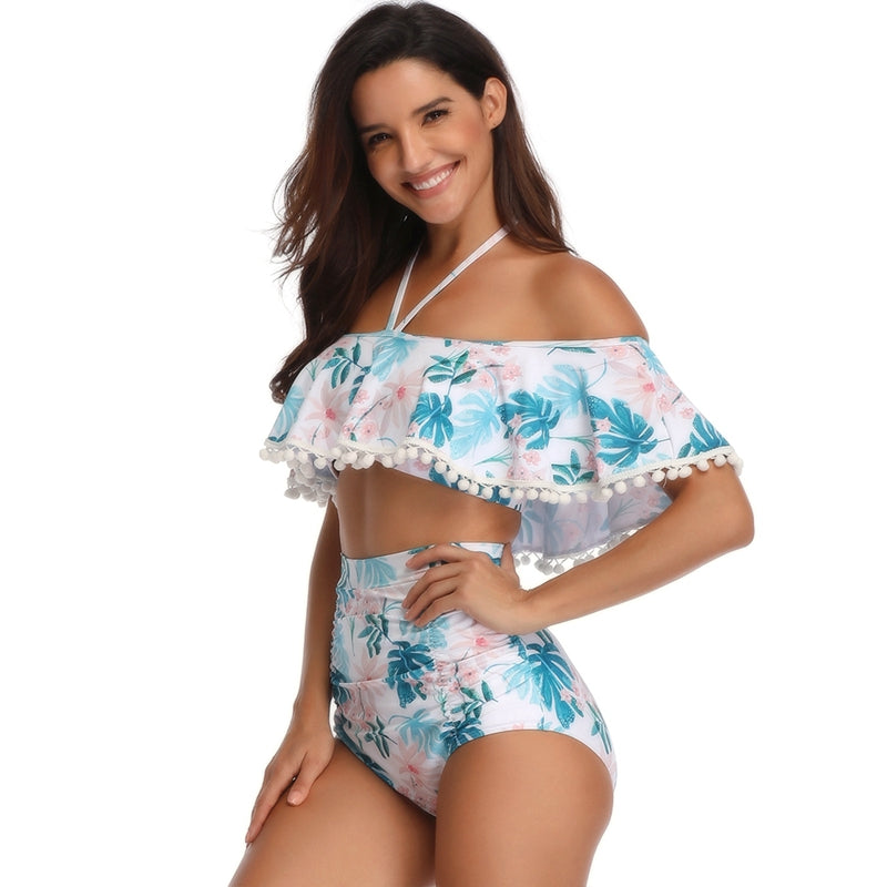 Floral Tassel Halter Neck High Waist Bikini Set - Blue